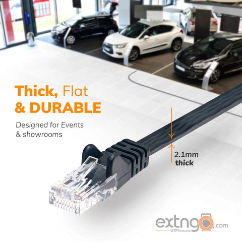 Flat Retractable CAT6 Ethernet Cable Extender, 50 Feet UTP Reel With Cascadable Male To Female RJ45 shown in showroom
