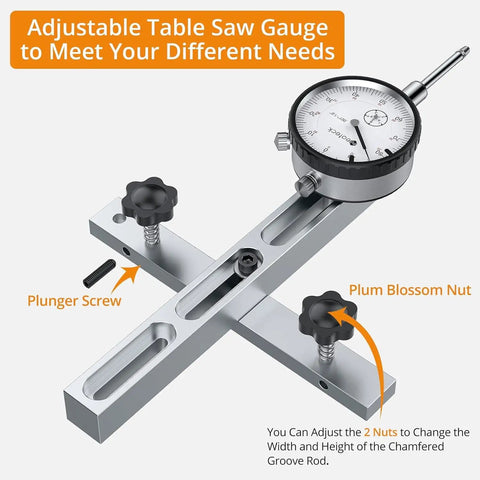 Pro Grade Dial Indicator Table Saw Gauge with adjustable plunger screw and plum blossom nut for precise alignment and calibration.
