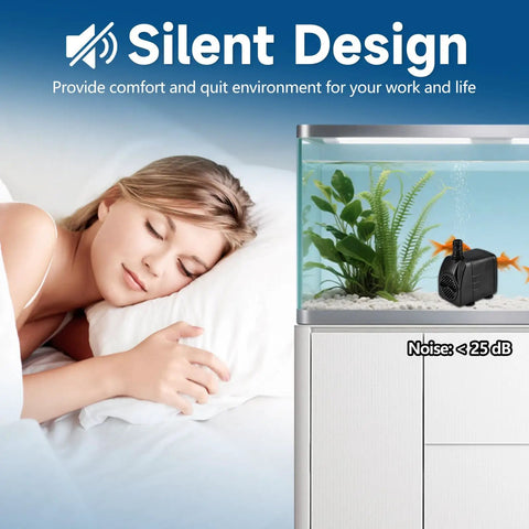 Whisper Quiet Submersible Pump For Aquariums Ponds And Hydroponics With Adjustable Flow in fish tank next to sleeping woman.