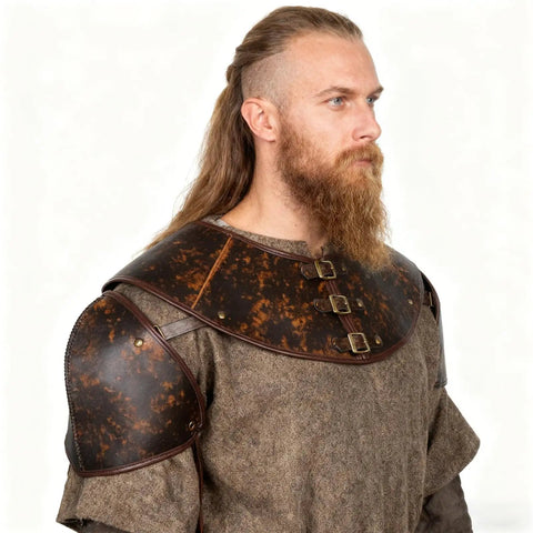 Medieval Leather Pauldron Shoulder Armor For Viking Knight Cosplay Larp Ren Faire Costume Brown Faux Leather With Collar Buckle Durable Realistic Texture Totally Boss Quality