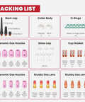 Packing list for All-In-One 50-Piece TIG Welding Torch Accessories Kit with alumina nozzle, glass cap, stubby gas lens.