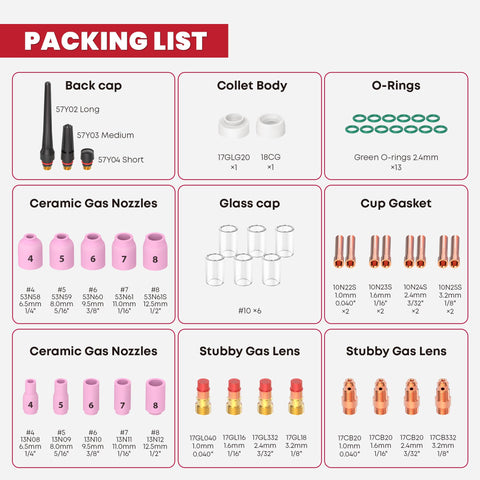 Packing list for All-In-One 50-Piece TIG Welding Torch Accessories Kit with alumina nozzle, glass cap, stubby gas lens.