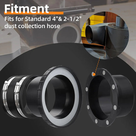 Quick Snap Magnetic Dust Collection Fittings 4 Inch To 2.5 Inch Adapters showing fitment for standard hoses with secure grip.