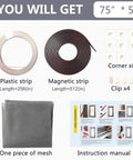 Contents of Magnetic Window Screen Kit With Adjustable White Frame Fits Up To 75 By 51 Inches 20x20 Mesh Easy Installation