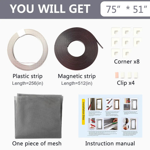 Contents of Magnetic Window Screen Kit With Adjustable White Frame Fits Up To 75 By 51 Inches 20x20 Mesh Easy Installation