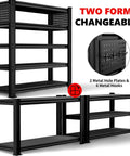 Ultra Heavy Duty 5 Tier Garage Shelving With Double Steel Legs And Two Side Pegboards shown in adjustable configurations with hooks.