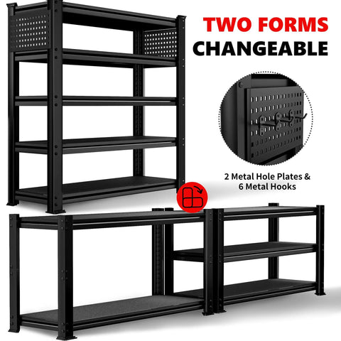 Ultra Heavy Duty 5 Tier Garage Shelving With Double Steel Legs And Two Side Pegboards shown in adjustable configurations with hooks.