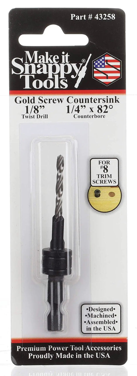 Top Shelf 1/8 X 1/4 Inch Hex Shank Countersink Drill Bit With 82 Degree Angle for wood screw installation in package.