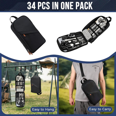 Grab And Go Portable Camping Kitchen Utensil Set 34 Piece Stainless Steel Outdoor Cookware And Grilling Kit hanging open case