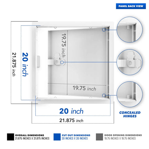Tough As Nails Heavy Duty 20X20 Steel Access Panel For Ceiling And Drywall with dimensions and concealed hinges