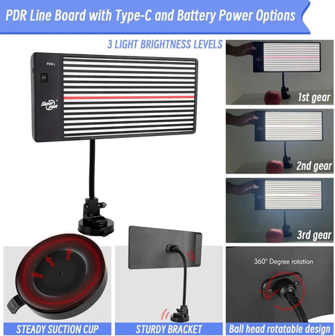 PDR line board from Pro DIY PDR Dent Repair Kit with 148 pieces showing different LED brightness levels and rotatable bracket.