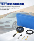 Front view of blue NYXOVA vacuum and fuel pump tester gauge kit with gauge, hoses and brass adapters in a storage case