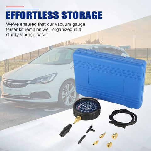 Front view of blue NYXOVA vacuum and fuel pump tester gauge kit with gauge, hoses and brass adapters in a storage case