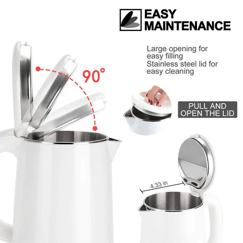 Stainless Steel Double Wall Electric Kettle 1.0L Cordless Tea And Coffee Kettle With Auto Shut Off No Plastic In Water open lid view