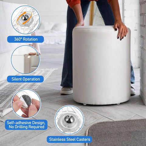 8 Pcs Tiny Self Adhesive Caster Wheels Set With 360 Degree Swivel For Tight Spaces No Drill Needed Heavy Duty ABS And Stainless Steel Construction Easy Glide For Trash Cans Bins Storage Boxes Furniture And Kitchen Appliances, shown on furniture.