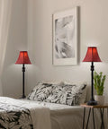 Buffet Table Lamps Set Of 2 With Bronze Finish And Burgundy Fabric Shade, 25.75 Inches Tall in bedroom setting.