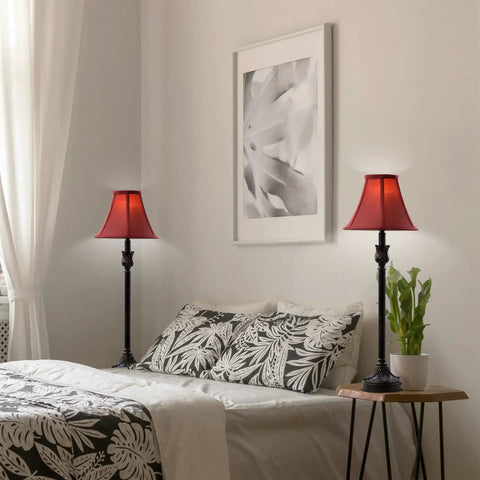 Buffet Table Lamps Set Of 2 With Bronze Finish And Burgundy Fabric Shade, 25.75 Inches Tall in bedroom setting.