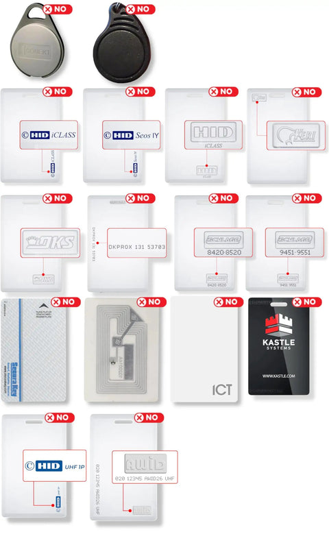 Image showing RFID key fobs and various access cards not compatible with the RFID Duplicator For 125kHz Key Fobs And Cards.