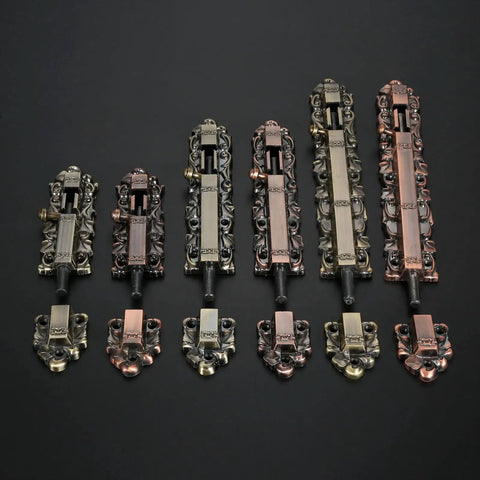 A variety of Sliding Door Bolt Lock Barrel Gate Latch Vintage European Zinc Alloy in multiple finishes and sizes on a dark background.