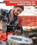Man using gas chainsaw with 12 inch guide bar for wood cutting and tree felling wide power 2 stroke gas powered handheld saw