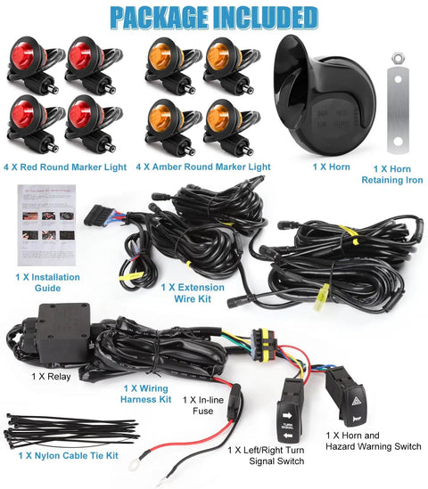 Package contents of Plug And Play Universal UTV Turn Signal Kit With Horn And Rocker Switch Wiring Harness Pre Wired Blinker Street Legal