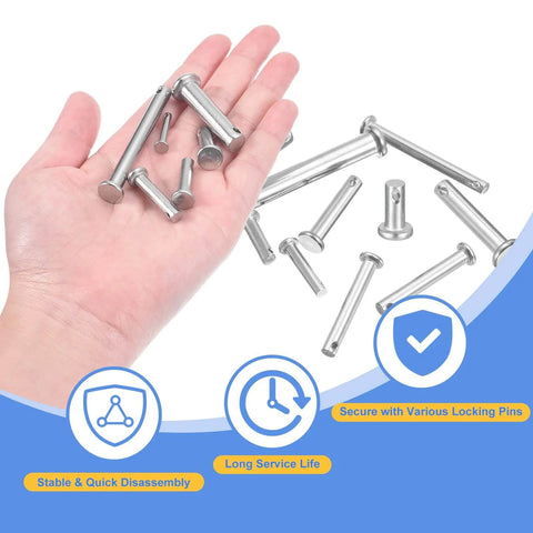 Hand holding and displaying 8 Pack Three Sixteenth Inch By Two Inch Single Hole Clevis Pins 304 Stainless Steel Flat Head Heavy Duty Hitch Pin For Trailer Latch Mechanic Repair Furniture Installation And Industrial Equipment.