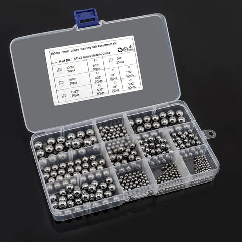500 Piece Bicycle Bearing Balls Kit With Eleven Sizes, Precision Steel Balls For Bearings in labeled plastic box