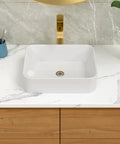 No Cap Quality Rectangular Vessel Sink, White Porcelain Countertop Bathroom Vanity Basin, 19 By 15 Inch on marble countertop.