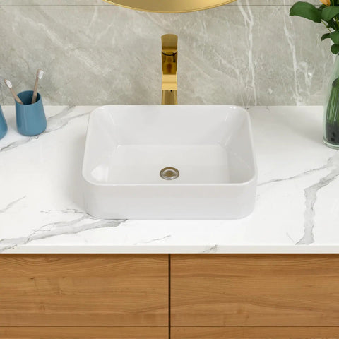 No Cap Quality Rectangular Vessel Sink, White Porcelain Countertop Bathroom Vanity Basin, 19 By 15 Inch on marble countertop.