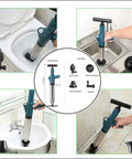 Air Powered Toilet Drain Blaster Plunger High Pressure Dredge Tool in use on toilet, sink, and floor, with interchangeable heads.