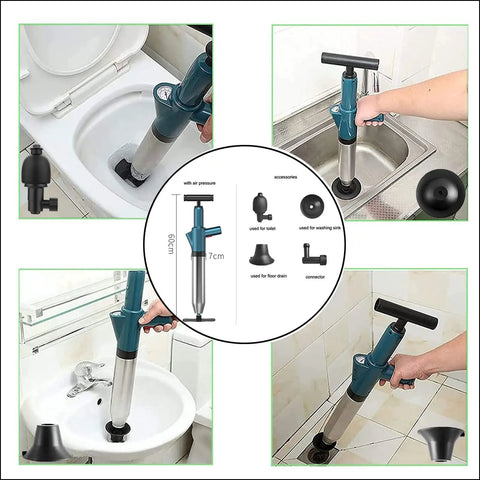 Air Powered Toilet Drain Blaster Plunger High Pressure Dredge Tool in use on toilet, sink, and floor, with interchangeable heads.
