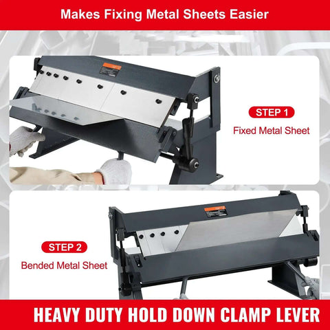 24 Inch Box And Pan Brake Metal Bender 0 To 130 Degree Sheet Metal Tool in use fixing and bending metal sheets with clamp lever