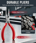 Durable pliers with anti-slip grip and carbon steel cutters for removing puncturing objects included in Heavy Duty 70 Piece Tubeless Tire Repair Kit.