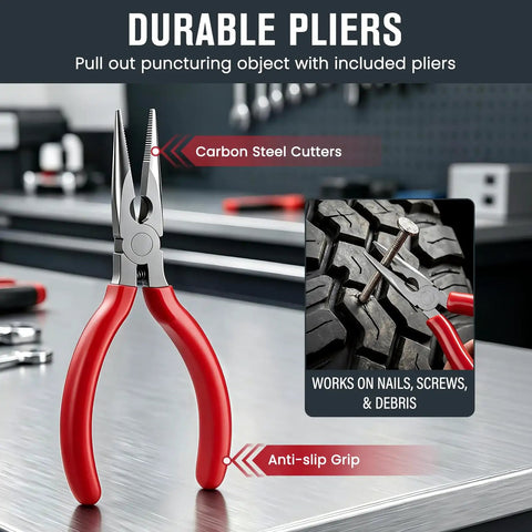 Durable pliers with anti-slip grip and carbon steel cutters for removing puncturing objects included in Heavy Duty 70 Piece Tubeless Tire Repair Kit.