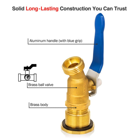 Brass Rain Barrel Spigot Kit With Lead Free Three Quarter Inch Quarter Turn Ball Valve, Bulkhead Fitting, Tape, No Brainer Install, And Easy Flow For 55 Gallon Drums And Any Rain Barrel, brass valve with blue handle