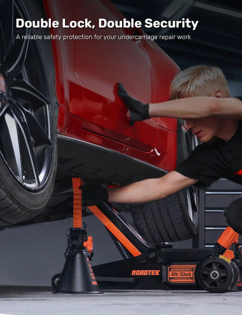 ROADTEK 3-Ton jack stands, pair, with integrated steel base, orange, supporting SUV.