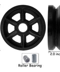 heavy duty cast iron V-groove wheels with roller bearings, side and front view showing 6 inch diameter and 2 inch width, for industrial use