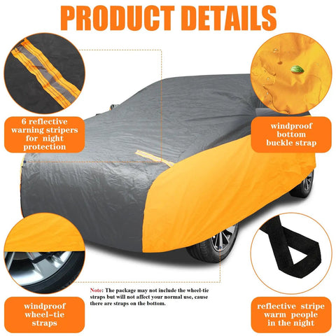 All Weather Car Cover For Sedans, Waterproof And Windproof, UV Sun Protection, Black Orange with reflective strips