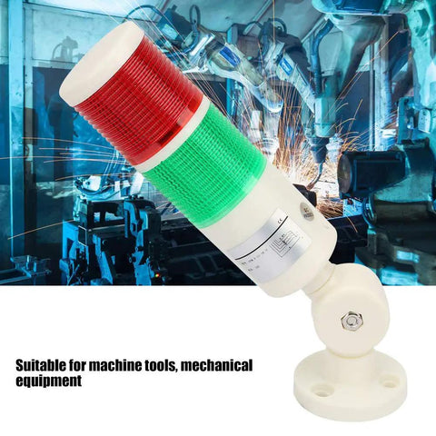 Industrial Machine Alarm LED Light with red and green indicator tower and buzzer in a mechanical tools setting.