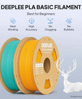 Two spools of DeepLee PLA Basic Filament, teal and orange, for 3D printing with neat winding, high accuracy, and no clogging.
