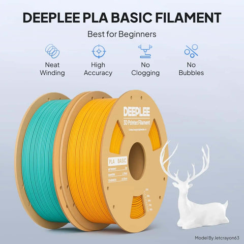 Two spools of DeepLee PLA Basic Filament, teal and orange, for 3D printing with neat winding, high accuracy, and no clogging.