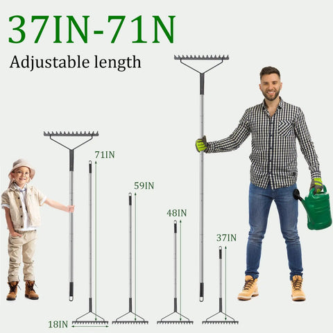Sturdy Metal Garden Rake With Extra Long Adjustable Handle 71 Inch 18 Inch Wide Head 14 Tines Leaf Debris Rake for yard cleanup