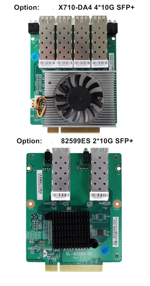 X710-DA4 4*10G SFP+ and 82599ES 2*10G SFP+ network interface cards, showcasing heatsinks and connectors.