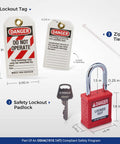 Grab-and-Go Lockout Tagout Kit For Forklift Safety With Electrical Battery Connector Lockout Device Red Safety Padlock LOTO Tag includes a red padlock, two lockout tags, and zip ties.