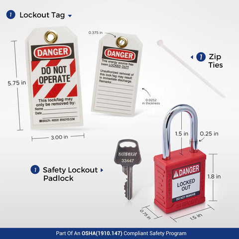 Grab-and-Go Lockout Tagout Kit For Forklift Safety With Electrical Battery Connector Lockout Device Red Safety Padlock LOTO Tag includes a red padlock, two lockout tags, and zip ties.