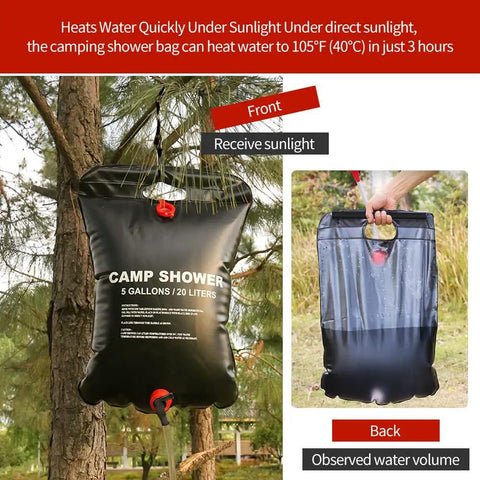 Large Capacity Solar Shower Bag 5 Gallons 20L For Camping Outdoors hanging from tree, showing front with capacity details.