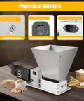 Real Workhorse Electric Grain Grinder With Four Detachable Hoppers showing stainless body, heat dissipation, and buckled connection.