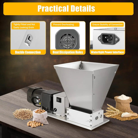 Real Workhorse Electric Grain Grinder With Four Detachable Hoppers showing stainless body, heat dissipation, and buckled connection.