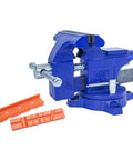 Heavy Duty Rock Solid Home Workshop Bench Vise Four Point Five Inch Wide Jaw With Hella Sturdy Soft Covers And Sure Grip Swivel Base Gray Iron Cast Construction For Diy Makers Making Quick Work Of Projects, close-up view with orange soft covers.