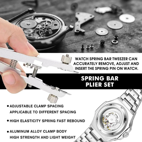 Watch Spring Bar Tool Kit With Pliers And 10 Tips, Pin Bar Tweezers in use for watch disassembly, silver aluminum, DIY gear